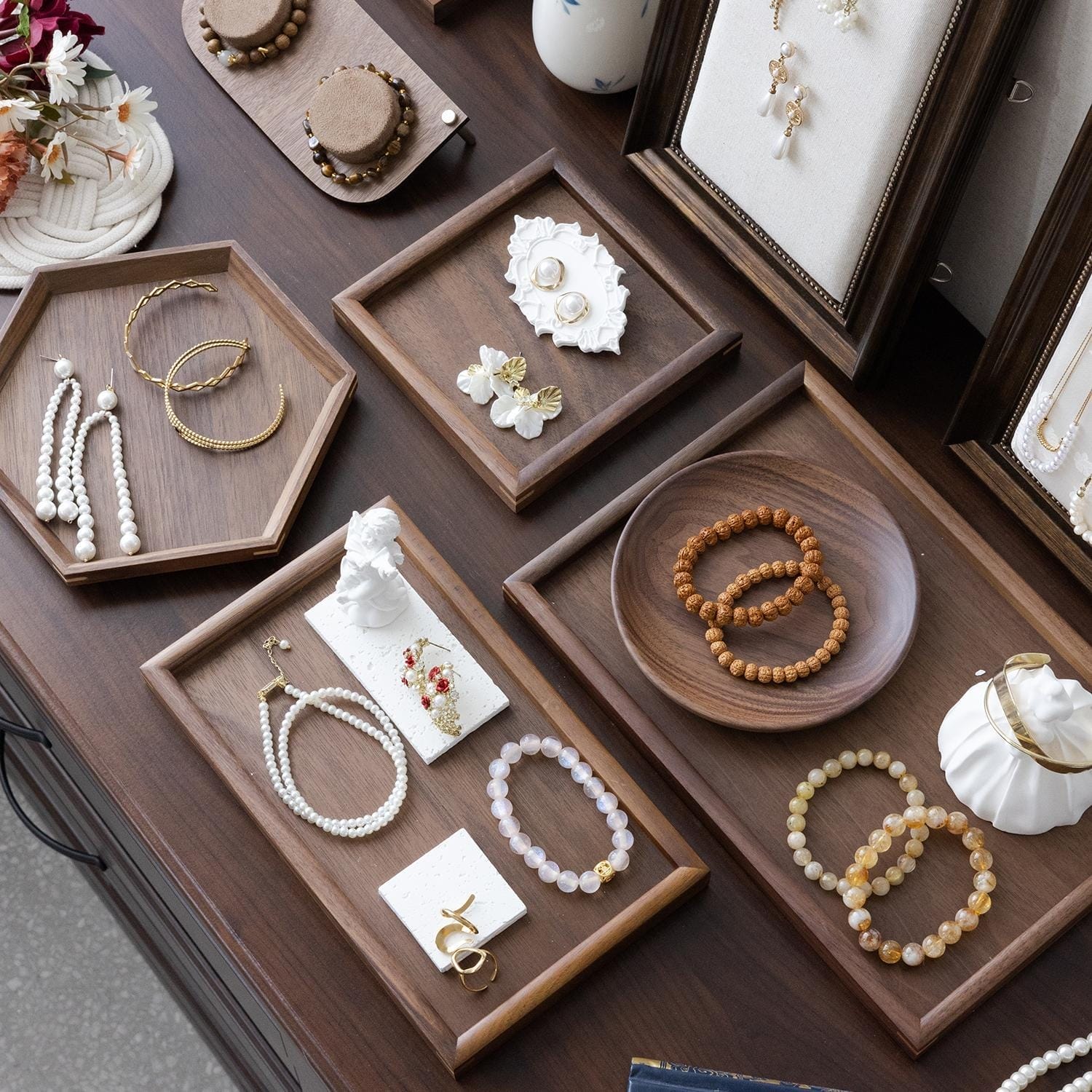 Walnut Personalised Wooden Jewellery Trays: Boutique display and storage for bracelets, earrings, and necklaces.
