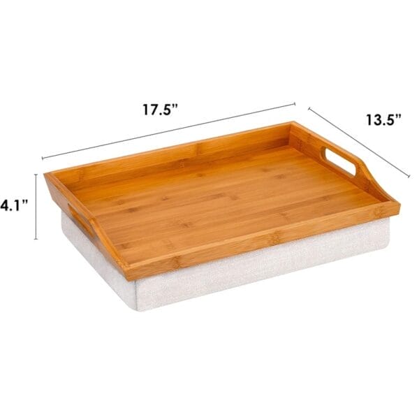 Bamboo bed tray with cushion, 17.5 x 13.5 inches, for breakfast in bed or laptop use.