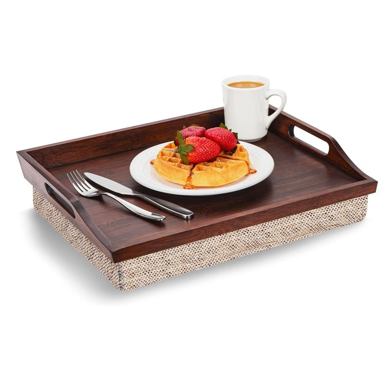AUTO-DRAFT: Wooden breakfast tray with waffle, fresh strawberries, and coffee cup.