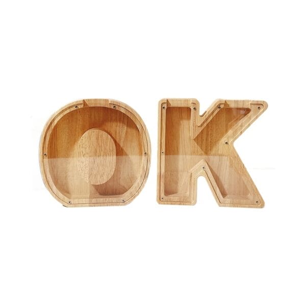 Wooden "OK" letter piggy banks. Coin bank for kids.