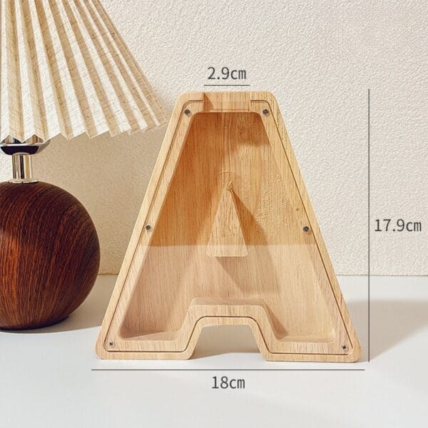 Wooden letter A coin bank, dimensions 18x17.9x2.9cm, for kids and adults.