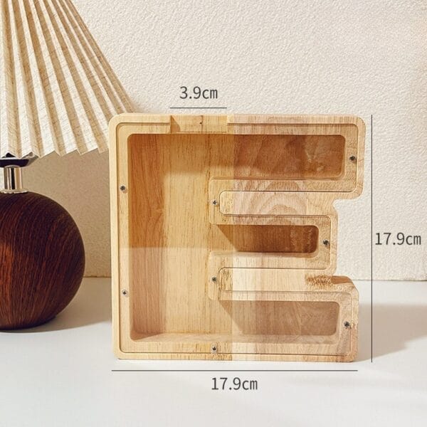AUTO-DRAFT: Wooden letter E shaped piggy bank with clear acrylic front to view savings