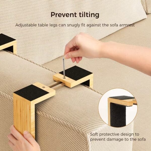 Sofa armrest table installation: Adjustable legs fit snugly, preventing tilting and protecting the sofa.