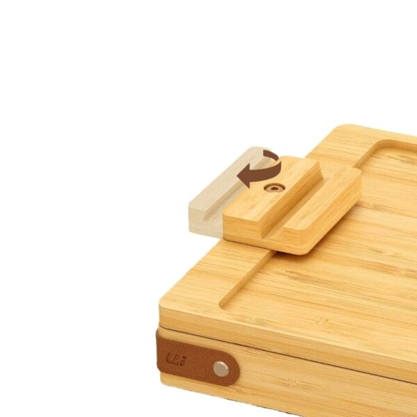 AUTO-DRAFT bamboo box with rotating wooden lock mechanism.