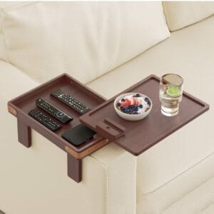Couch arm table with storage for remotes/phone, plus a tray for snacks and drinks.