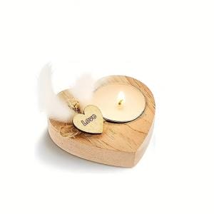 Heart-shaped wooden candlestick with "Love" charm. Wholesale wooden candlesticks for weddings.