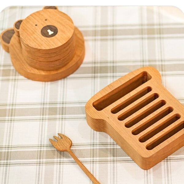 Cute Bear-Shaped Wooden Coaster Set with toast-shaped holder and small wooden fork
