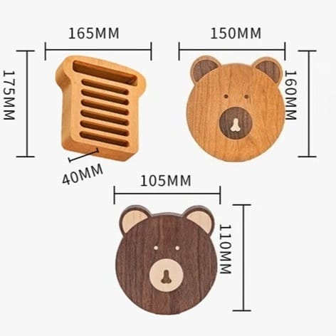 Cute bear-shaped wooden coaster set with toast-shaped holder.