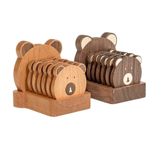Cute bear-shaped wooden coaster set; light and dark wood options. Perfect wooden coaster set for home decor.