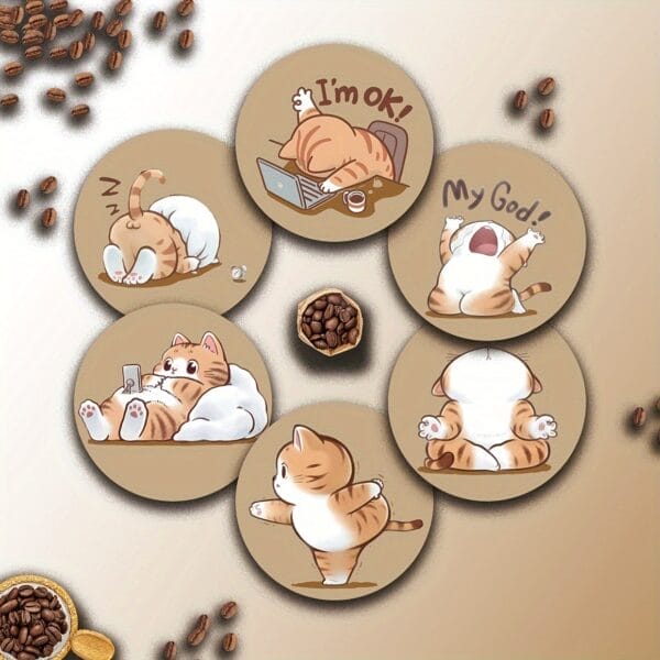 Personalized Corporate Coasters — Cat Coaster Gift Set: 6 wooden coasters featuring cute cartoon cats.