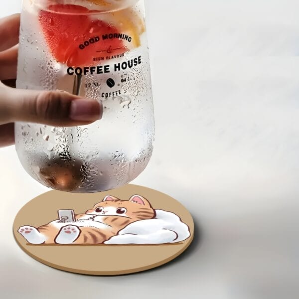 Cat Coaster: Personalized wooden corporate coaster from a 6/8pc gift set, featuring a cute cartoon cat.