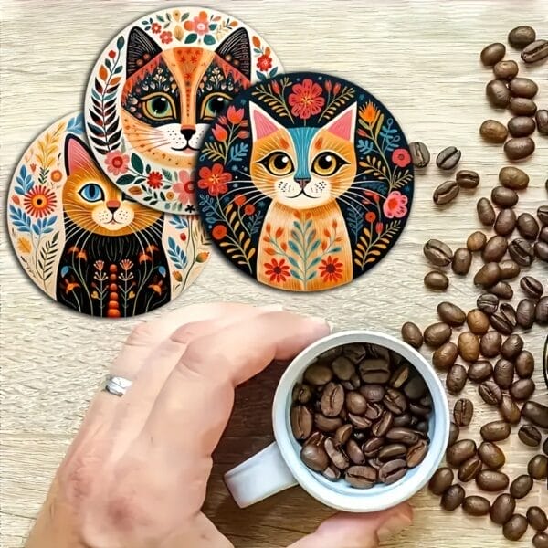 Personalized Corporate Coasters: Cat Coaster Gift Sets 6/8pc Wooden with floral cat designs.