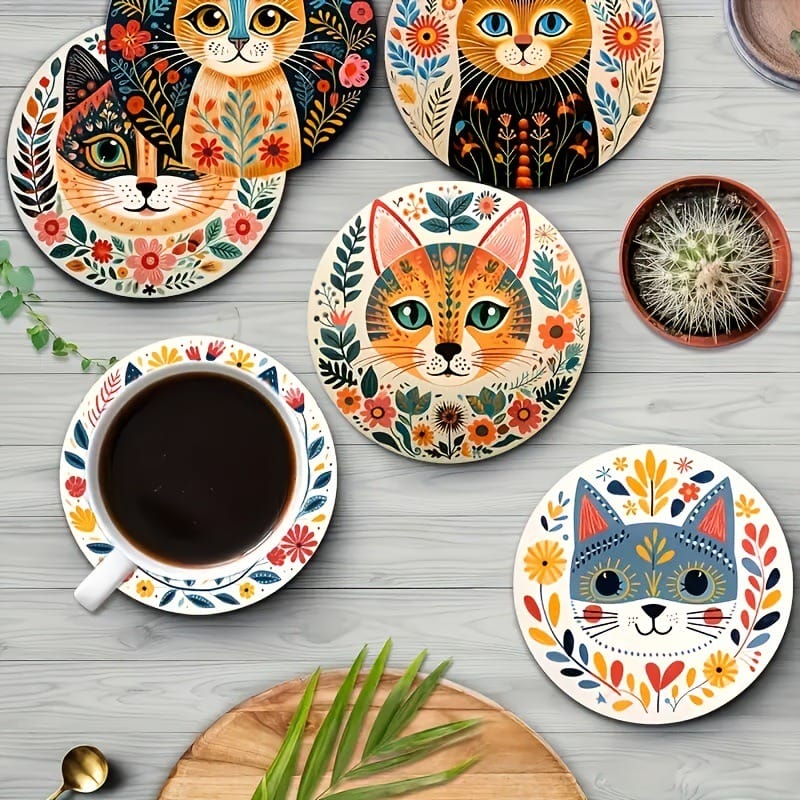 Personalized Corporate Coasters: Cat Coaster Gift Sets, 6/8pc wooden coasters with colorful cat and floral designs.