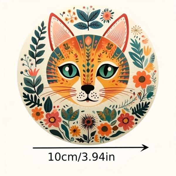 Cat Coaster Gift Set: Decorative wooden coaster featuring an orange cat face with floral accents, 10cm diameter.