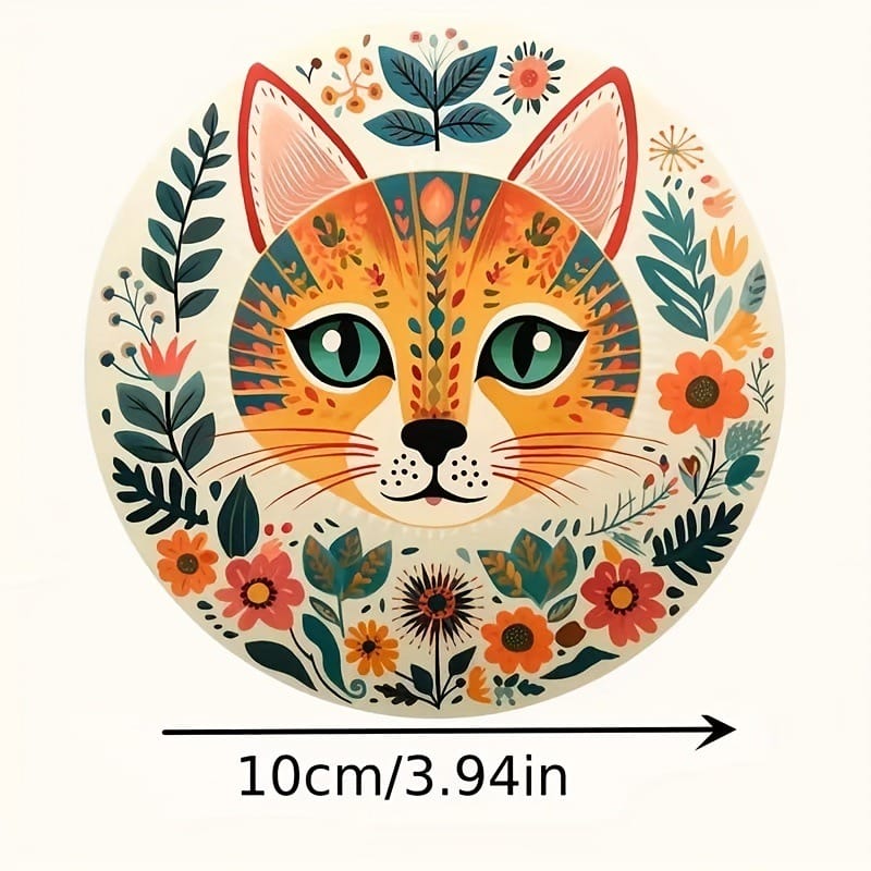 Cat Coaster Gift Set: Decorative wooden coaster featuring an orange cat face with floral accents, 10cm diameter.