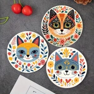 Cat Coaster Gift Set: Three wooden coasters with colorful, floral cat designs.