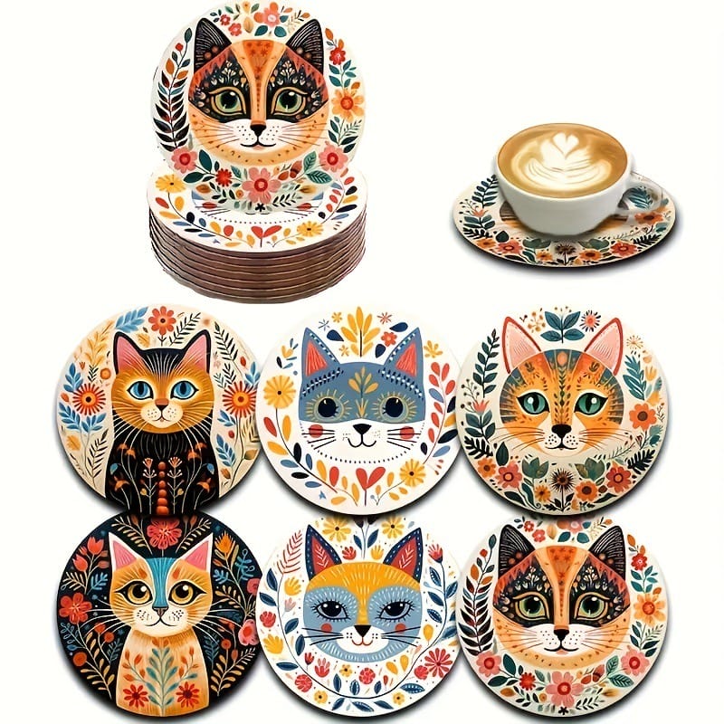 Cat Coaster Gift Set: 6/8pc wooden personalized corporate coasters with colorful, artistic cat designs. Coffee cup shown on coaster.
