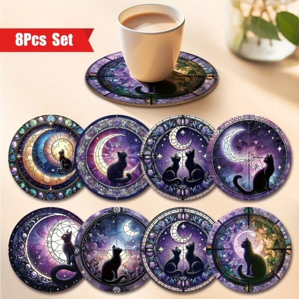 Personalized Corporate Coasters: 8pc wooden cat coaster gift set with stained glass moon design.