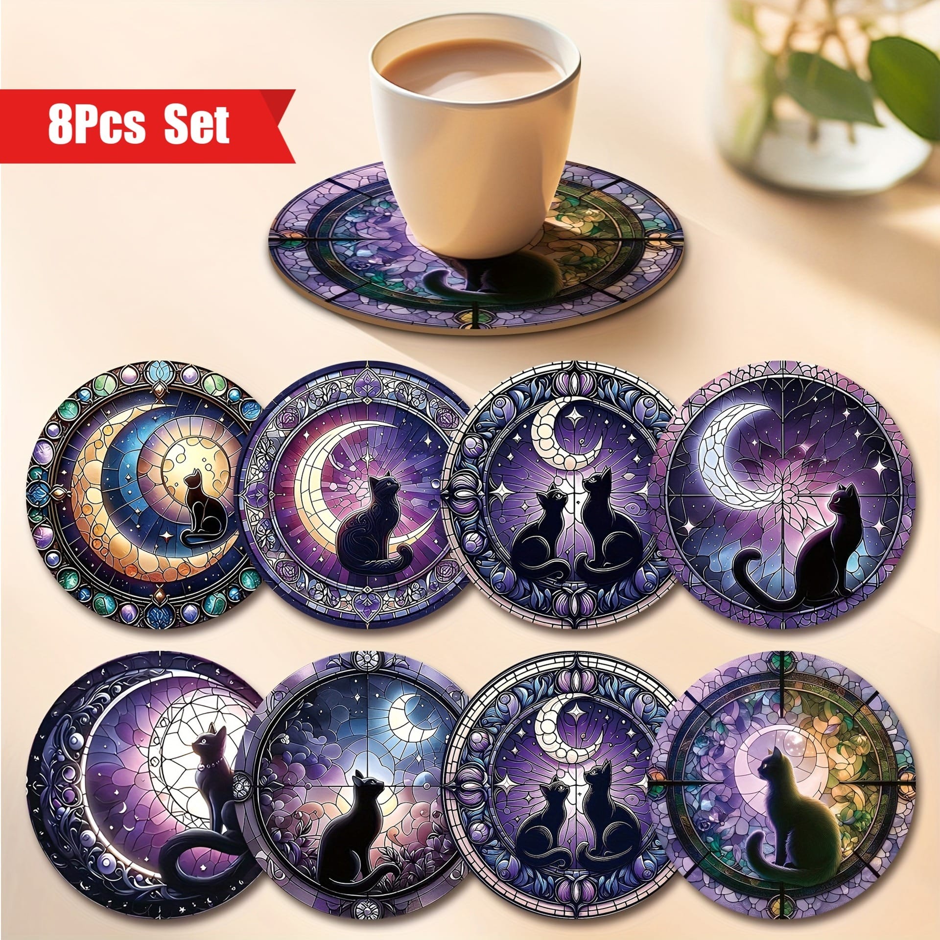 Personalized Corporate Coasters: 8pc wooden cat coaster gift set with stained glass moon design.