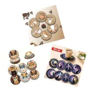 Personalized Corporate Coasters: Three sets of round cat-themed coasters, including cartoon cats and floral cat designs.