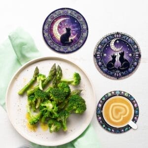 Personalized Corporate Coasters — Wooden Cat Coaster Gift Sets featuring cat and moon designs with coffee and vegetables.