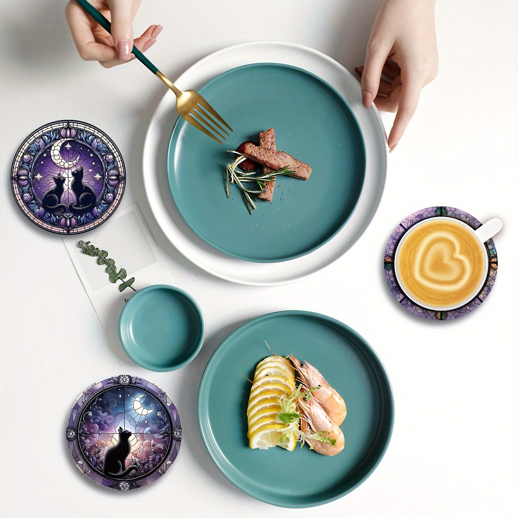 Personalized Corporate Coasters - Wooden Cat Coaster Gift Sets displayed with plates and food.