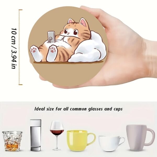 Personalized Corporate Coaster: Wooden cat coaster gift set with cartoon cat using phone, held in hand.