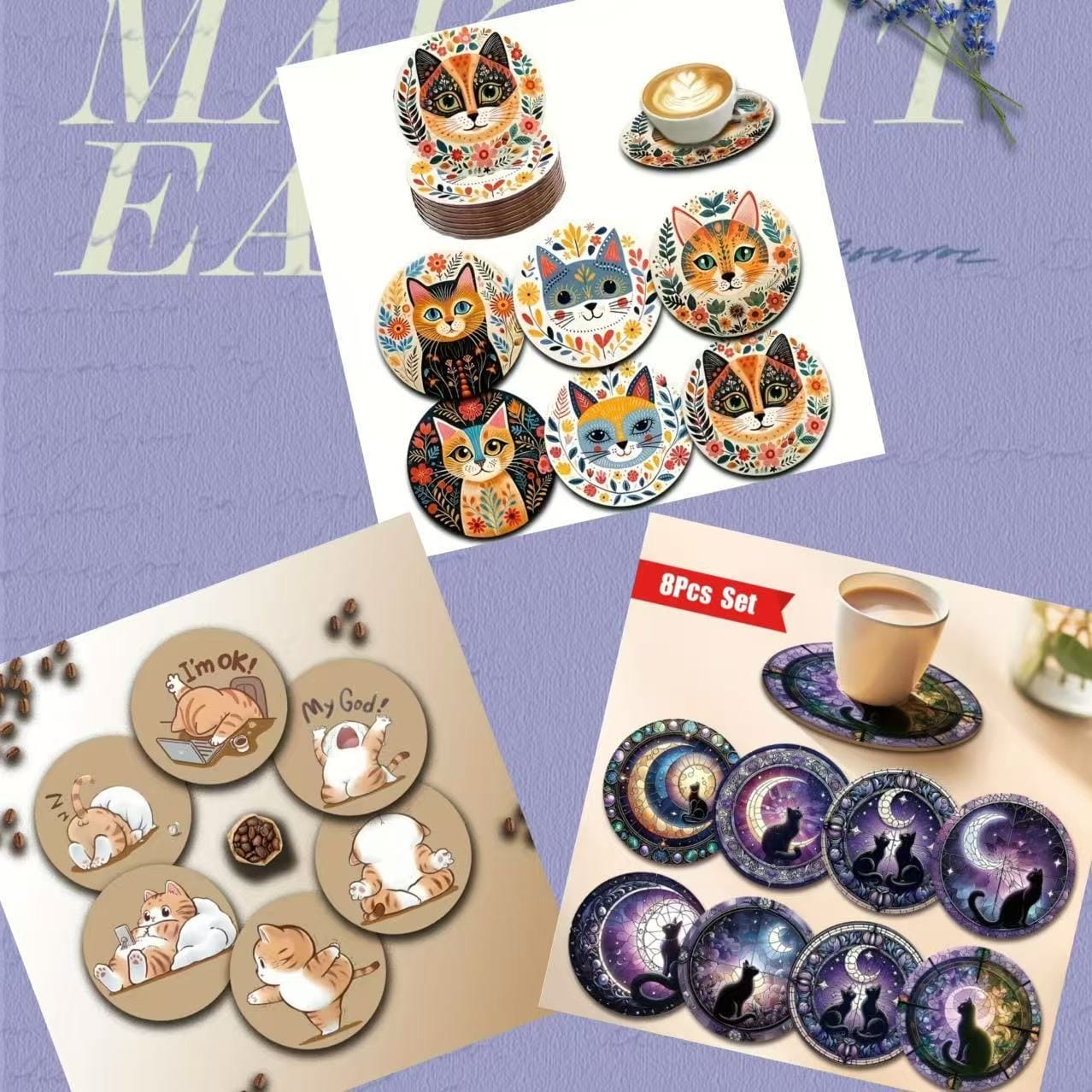 Personalized Corporate Coasters: Cat Coaster Gift Sets, 6/8pc wooden, featuring cute cat designs.