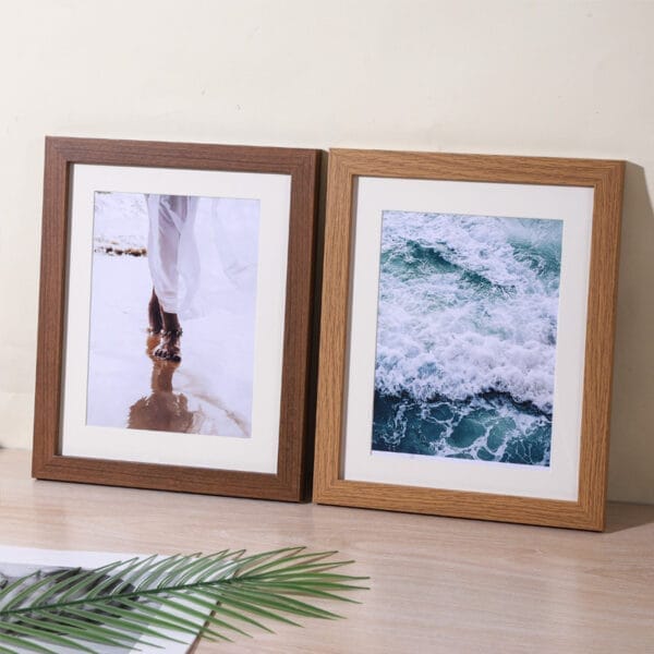 Personalized Wood Picture Frames: Dark and light brown frames displaying beach and wave photos.