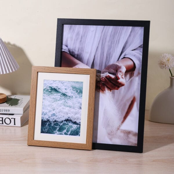 Personalized Wood Picture Frames: Light wood frame with wave art, black frame with sand art. OEM Wholesale available.