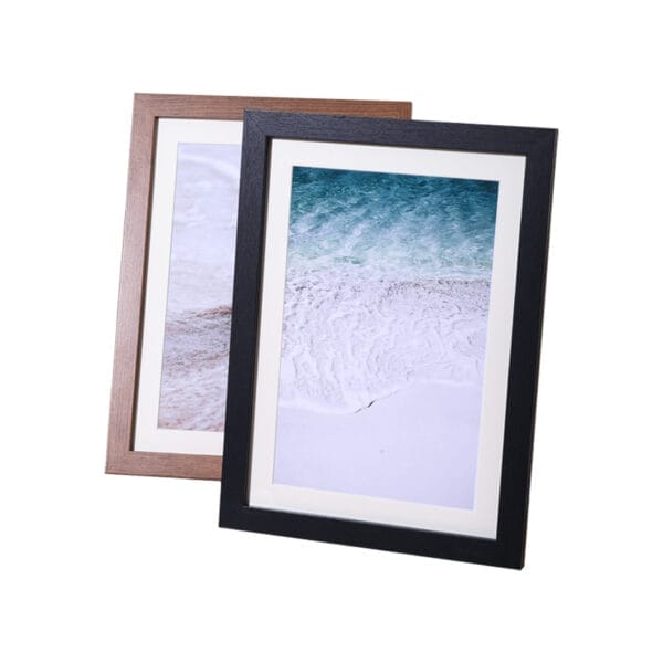 Personalized Wood Picture Frames: Dark brown and black frames showcasing beach scenes, OEM wholesale available.
