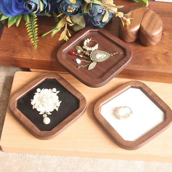 Wooden jewelry trays: Square walnut ring dish, earring holder, and brooch display with velvet and leatherette inserts