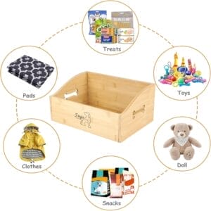 Wooden pet toy storage box with bone-shaped handles, surrounded by toys, treats, pads, clothes, snacks, and a doll.