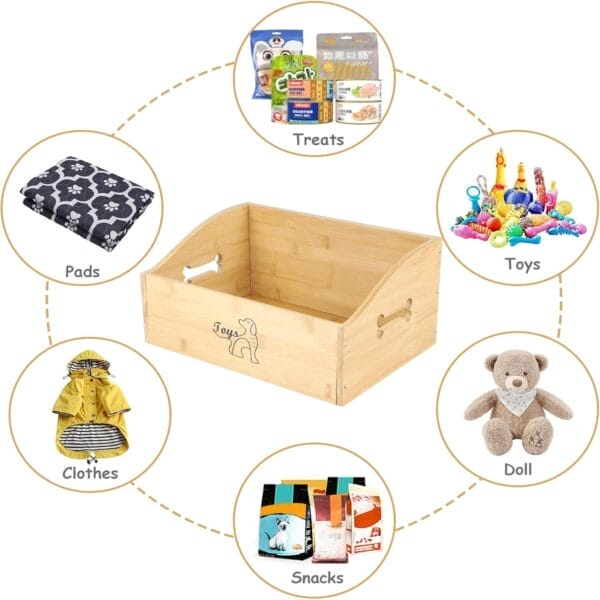 Wooden pet toy storage box with bone-shaped handles, surrounded by toys, treats, pads, clothes, snacks, and a doll.