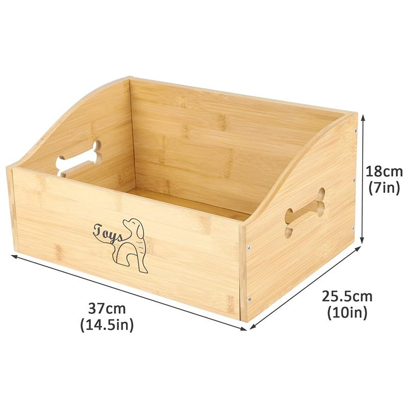 Wooden dog toy storage box with bone-shaped handles and "Toys" graphic. Dimensions: 37x25.5x18cm