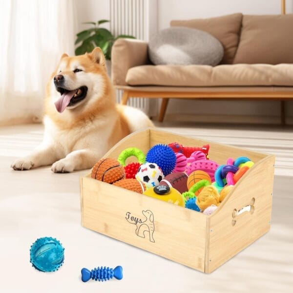 Wooden dog toy storage box filled with colorful toys, with a happy dog nearby.