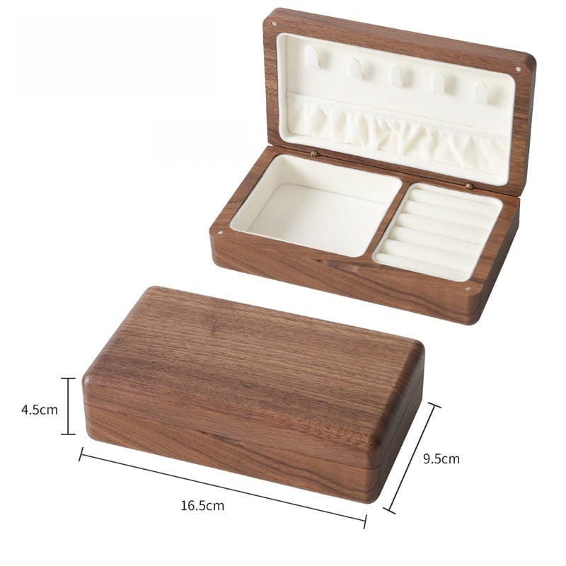 Open wooden jewelry box with velvet lining, compartments for rings and accessories, dimensions 16.5x9.5x4.5cm
