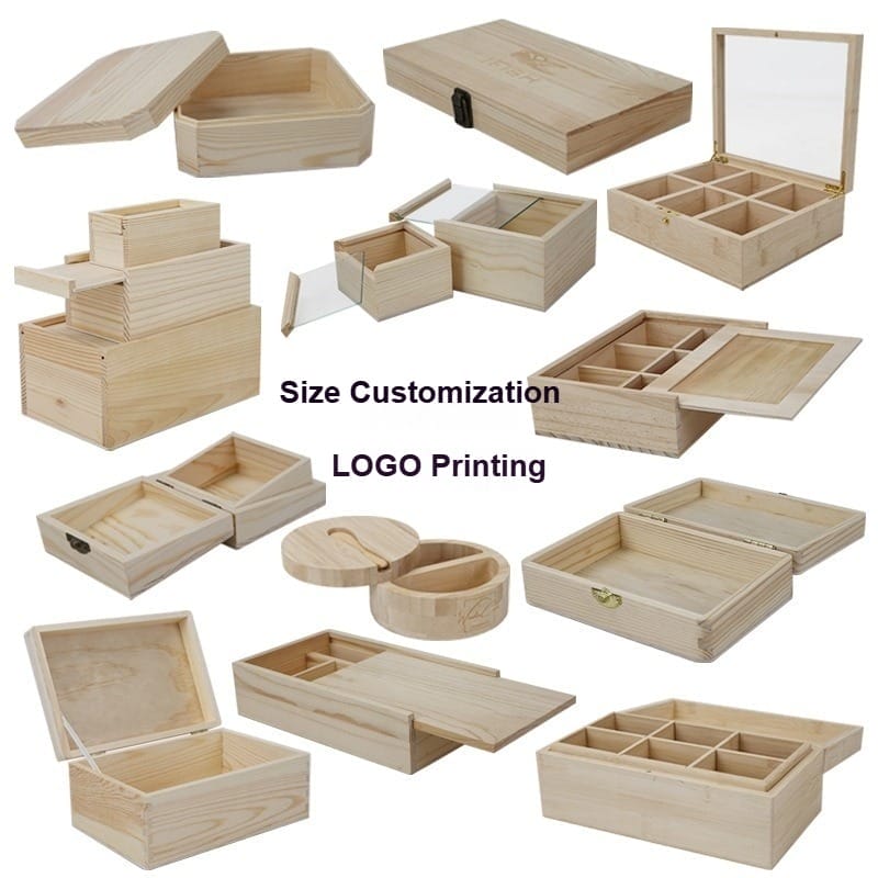 Collection of unfinished wooden boxes, various sizes and styles, with lid and compartment options. Size and logo customization available.