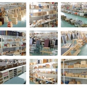Warehouse interior with wooden boxes, baskets, shelving units, and display easels.