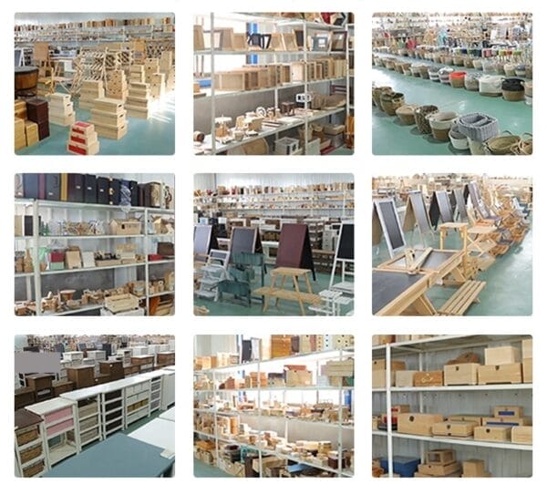 Warehouse interior with wooden boxes, baskets, shelving units, and display easels.