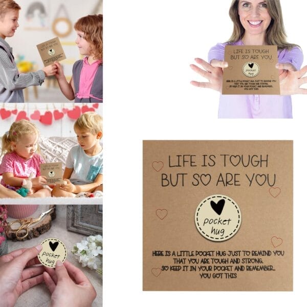 Pocket Hug: Personalized wooden tokens with "Life is tough but so are you" message, ideal for retail & events.