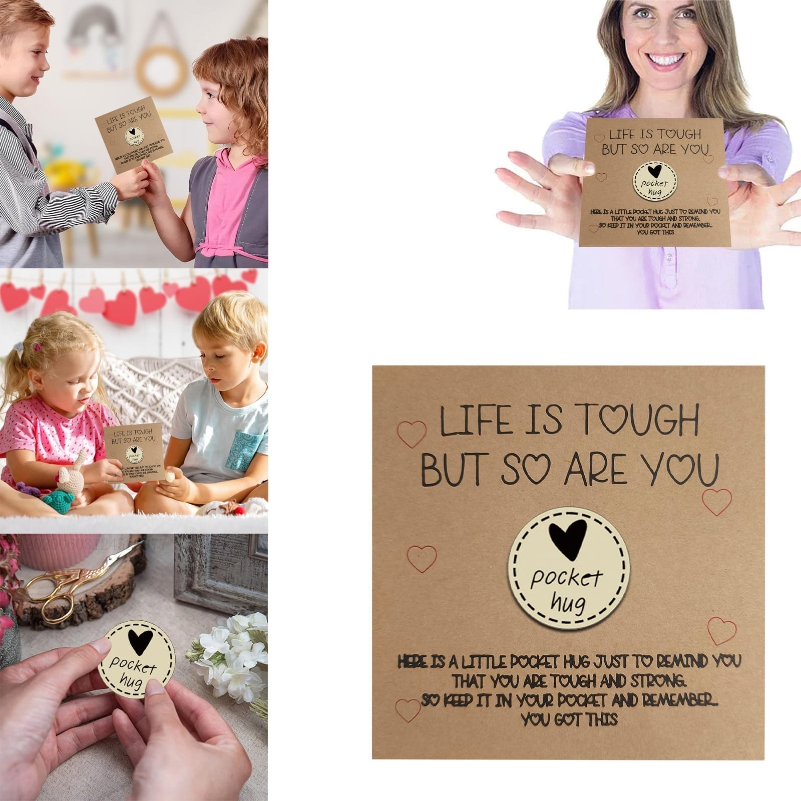 Pocket Hug: Personalized wooden tokens with "Life is tough but so are you" message, ideal for retail & events.