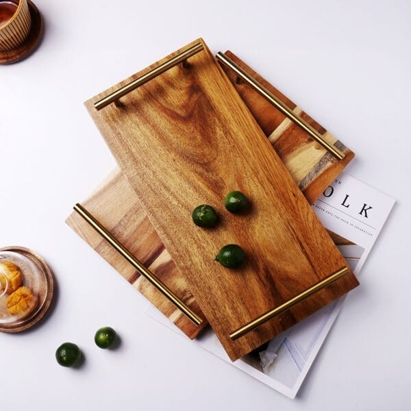 Personalized Wooden Trays: Acacia serving trays with copper handles, perfect for weddings or gifts.