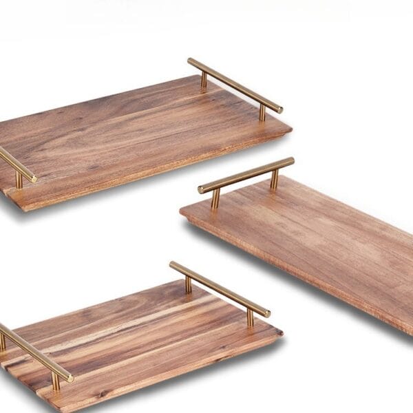 Personalized Acacia Serving Trays: Set of 3 wooden trays with copper handles for weddings and gifts.
