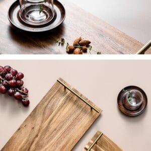 Personalized Acacia wood serving trays with copper handles, glass, nuts, and grapes. Wedding gift trays in 3 sizes.
