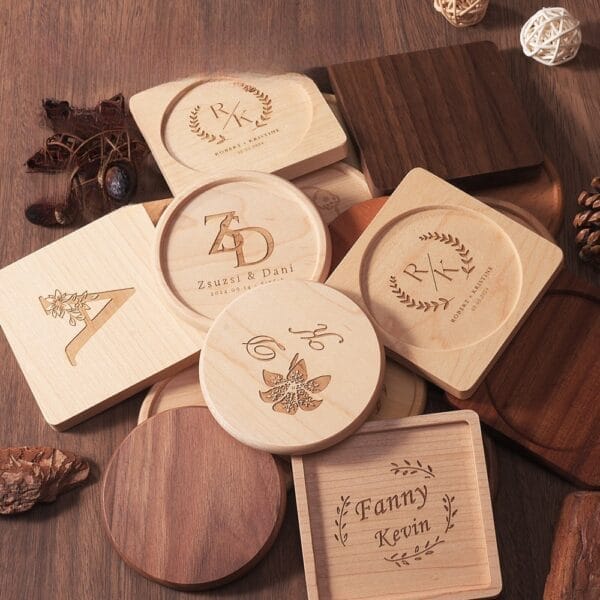 Assorted wooden coasters: Personalized engraved designs for weddings, couples, and custom gifts