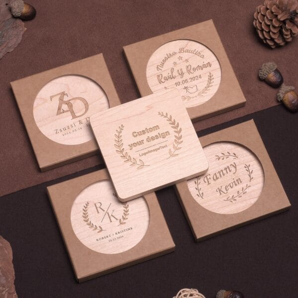 Personalized wooden coasters in kraft boxes, featuring custom designs & engravings for special occasions.