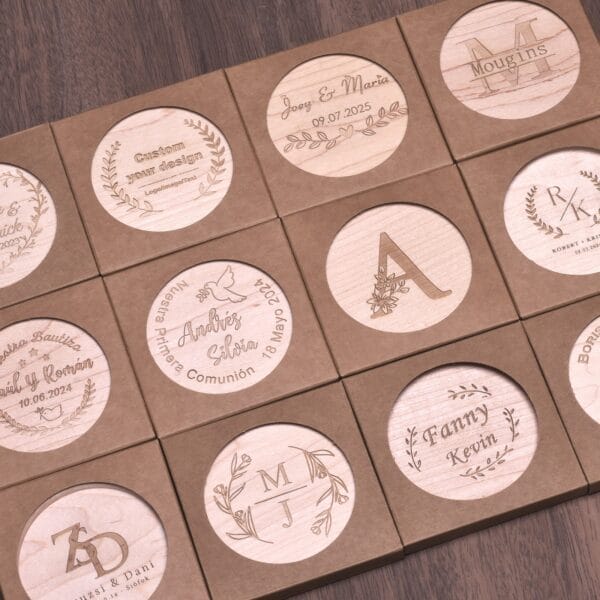 AUTO-DRAFT: Personalized wooden coasters with custom designs for weddings, baptisms, and special events.
