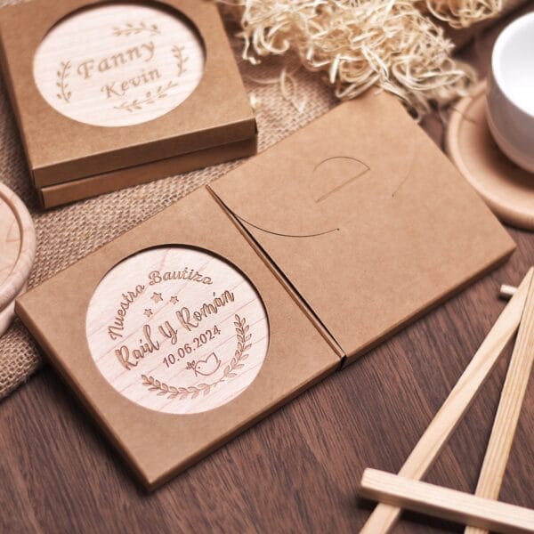 Custom engraved wooden baptism favor in a box, featuring names and date. Unique baptism gift.