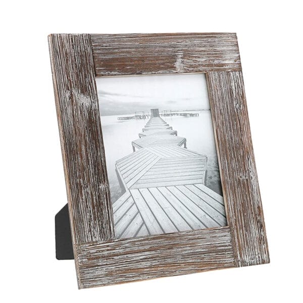 Rustic wood picture frame with distressed finish displaying a pier photo
